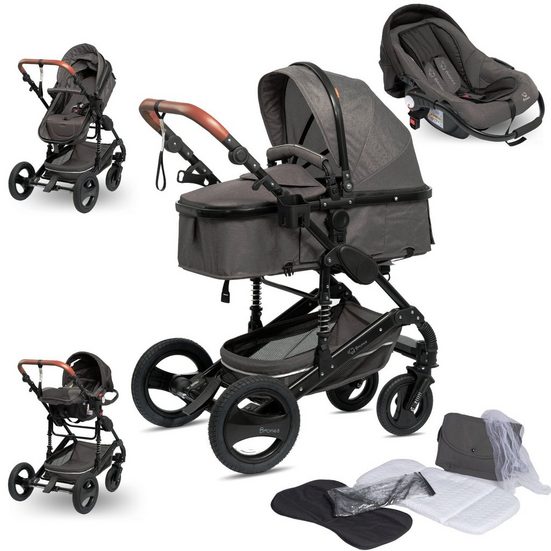 BRONEA Kombi-Kinderwagen EXQUISE Kinderwagen 3in1 mit MATRATZE, BUGGY & AUTO-BABYSCHALE Grey/Schwarz, Gummi Reifen,Wickeltasche,Regen-, Mücken- & Sonnenschutz mehr Begrenzte Freigabe
