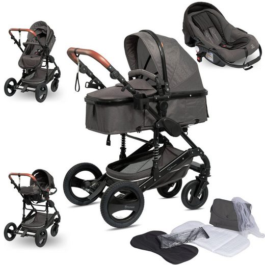 BRONEA Kombi-Kinderwagen EXQUISE Kinderwagen 3in1 mit MATRATZE, BUGGY & AUTO-BABYSCHALE FARBAUSWAHL, Gummi Reifen,Wickeltasche,Regen-, Mücken- & Sonnenschutz mehr Nur für heute
