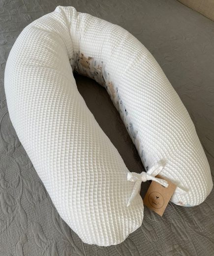 LOOLAY Stillkissen Waffelpique Seitenschläferkissen XXL Schwangerschaftskissen 170 cm Stillkissen + Bezug (Reißverschluss); Attmungsaktive WAFFEL + GLATT Baumwolle WEICH Stillkissen MUSTERN: HASE Beige/ GRAU, MINZE, WEIß, ROS Jubiläumsangebot