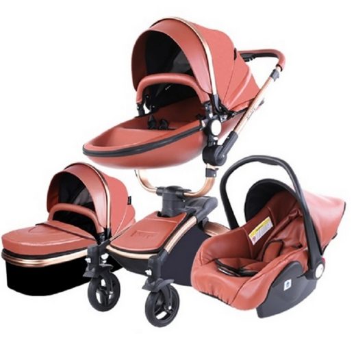 TPFLIVING Kombi-Kinderwagen Babyschale Baby Buggy Babywanne Kinderwagen 3 in 1 inkl. Stauraum Kunstleder Braun mehr Limitierter Zeitrabatt