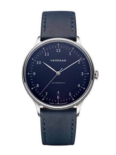 VANDAAG Automatikuhr Primus Automatik Stahl-Blau Made in Germany, Saphirglas, 5 Bar wasserdicht, deutsches Leder mehr Begrenzte Freigabe