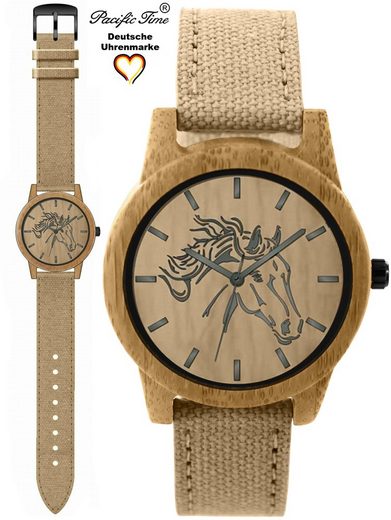 PACIFIC TIME Quarzuhr Damenuhr analog Pferd Holz Canvas Armband Gratis Versand mehr Hotsell