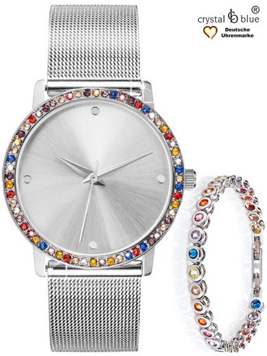 CRYSTAL BLUE Quarzuhr Damenuhr Mesh & Tennisarmband silber mit cubic Zirkonia Kristallen kostenlose Lieferung mehr Schlussverkauf