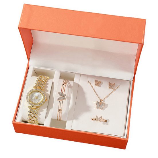 TOFOW Quarzuhr Damenuhr Set Damen Halskette aus Metall Ohrringe (Quarzuhren, Halsketten, Armbänder, zwei Ohrstecker und ein Ring sind modische Accessoires, 5-tlg., Valentinstag Geschenke, Weihnachtsgeschenke), Geeignet für Hoc Fabrikladen