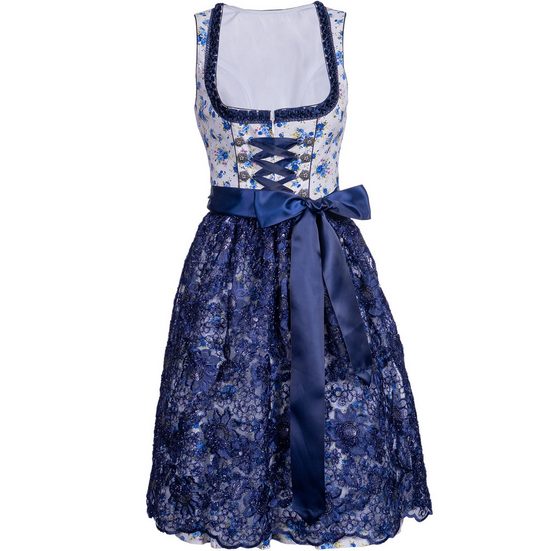 KELLIAR Dirndl Midi Trachtenkleid, ideal für Oktoberfest, Rocklänge 60 cm, Blau Florales Muster, Dekorative Schnürung mehr Kostenlose Rückgabe