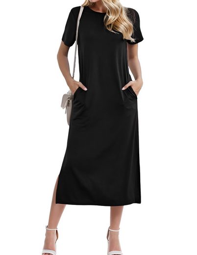 LUCKZON Sommerkleid Damen Maxikleid, geteilt, lässig, T-Shirt-Kleid mit Taschen Rundhalsausschnitt, kurze Ärmel, Sommerkleider mehr Begrenzt auf 3 Tage
