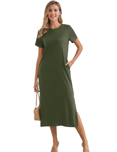 LUCKZON Sommerkleid Damen Maxikleid, geteilt, lässig, T-Shirt-Kleid mit Taschen Rundhalsausschnitt, kurze Ärmel, Sommerkleider mehr Black Friday Preise