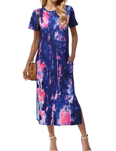LUCKZON Sommerkleid Damen Maxikleid, geteilt, lässig, T-Shirt-Kleid mit Taschen Rundhalsausschnitt, kurze Ärmel, Sommerkleider mehr Black Friday Preise