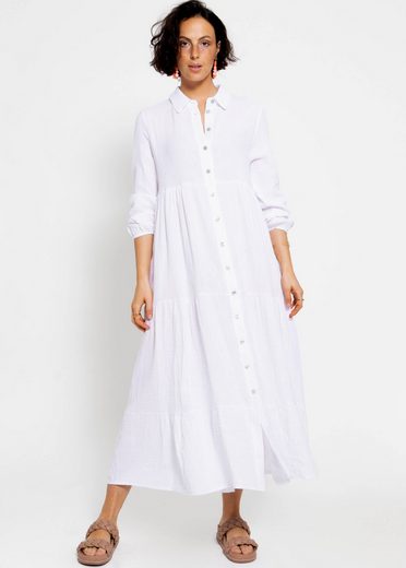 SASSYCLASSY Maxikleid Musselin Maxi Kleid mit Volants Baumwollleid mit Kragen, Knopfleiste und einem Gummizug am Ärmel mehr Hotsell