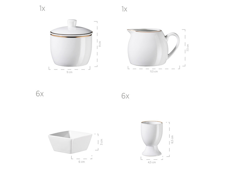 MÄSER Serie Professional Dining, Zubehör Set aus Müslischalen, Eierbechern, Schüsseln, Zuckerdose, Milchkännchen, Dipschälchen und Servierplatten, 24-teilig, Weiß mit Goldrand Heißer Verkauf