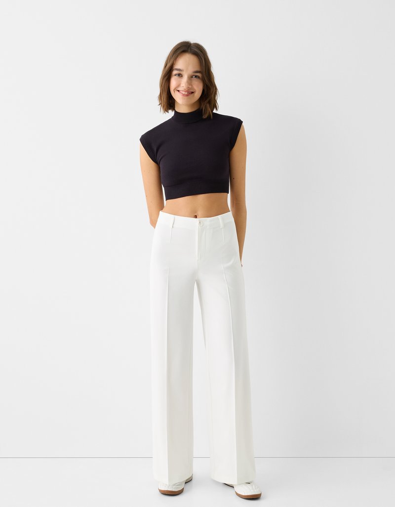 Bershka Bershka WIDE TAILORED - Trousers - white Limitierter Zeitrabatt