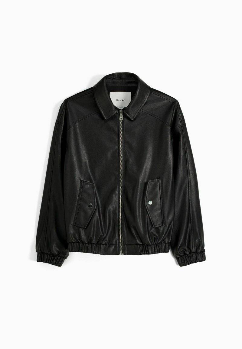 Bershka Bershka DAD FIT - Faux leather jacket - black Saisonschlussverkauf