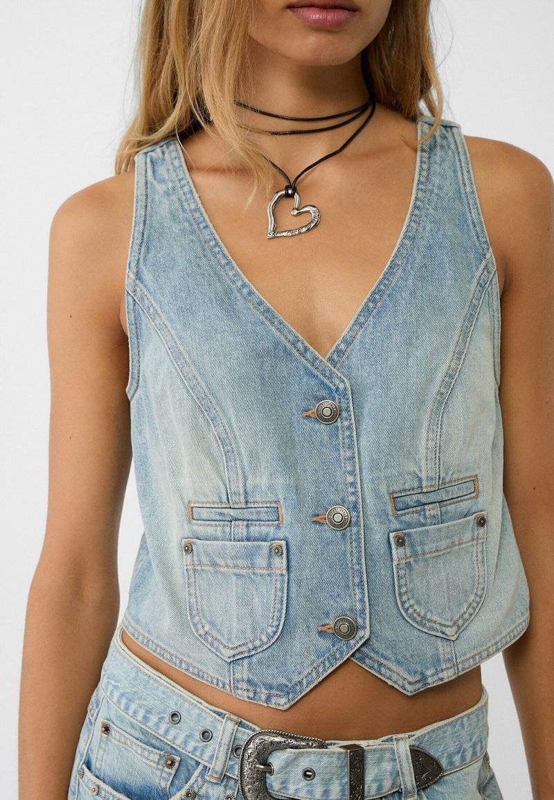 Stradivarius Stradivarius STUDDED - Waistcoat - laser denim Kostenloser Versand